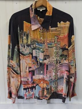 Nicole Taylor Multicolor Las Vegas Cityscape Button Front Beaded Silk Blouse 1X